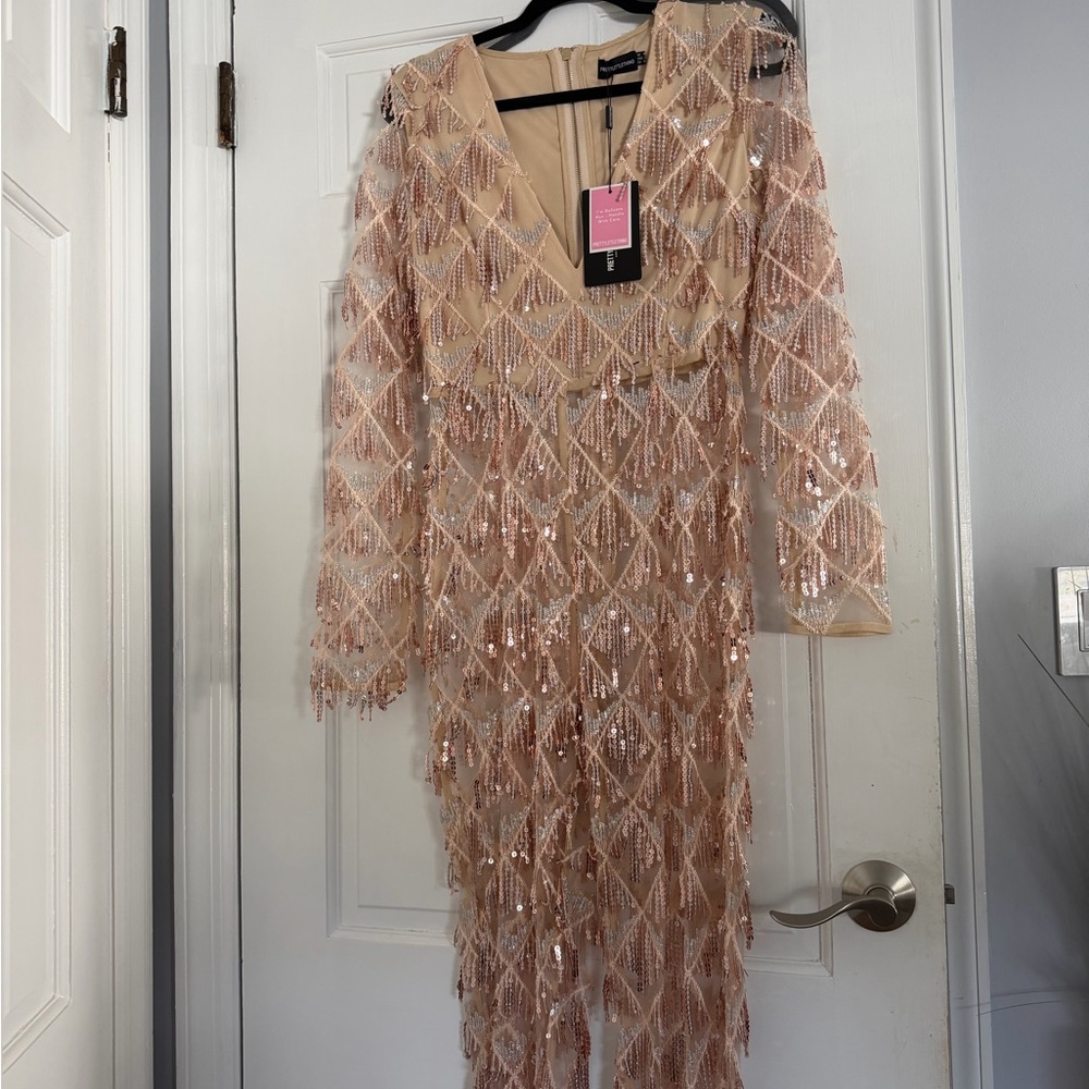 PrettyLittleThing Nude Sequin Fringe V-Neck Dress